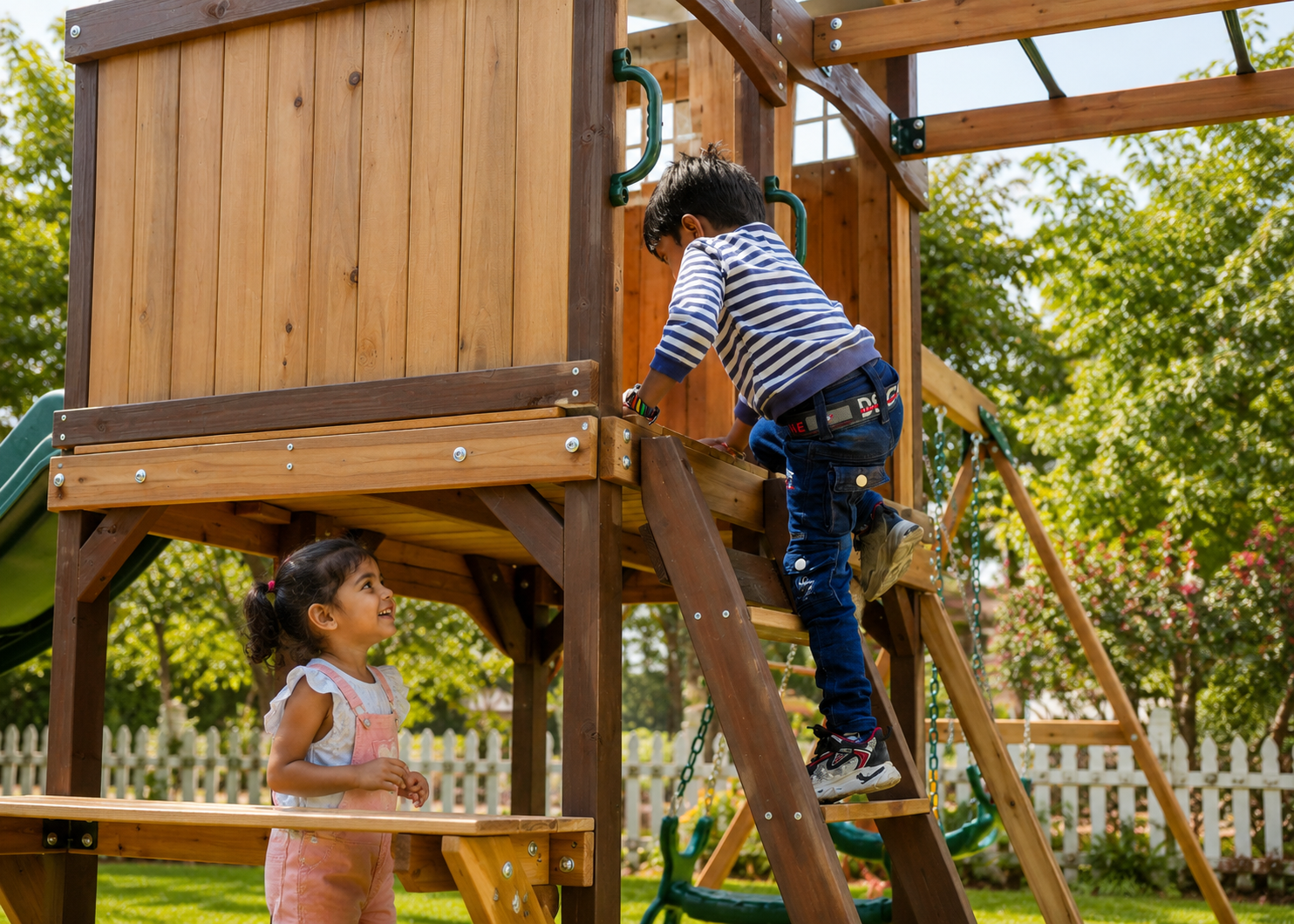 Arabian Tahr Wooden Swing Set with 10ft Slide, Monkey Bars & Rock Wall | DS-151