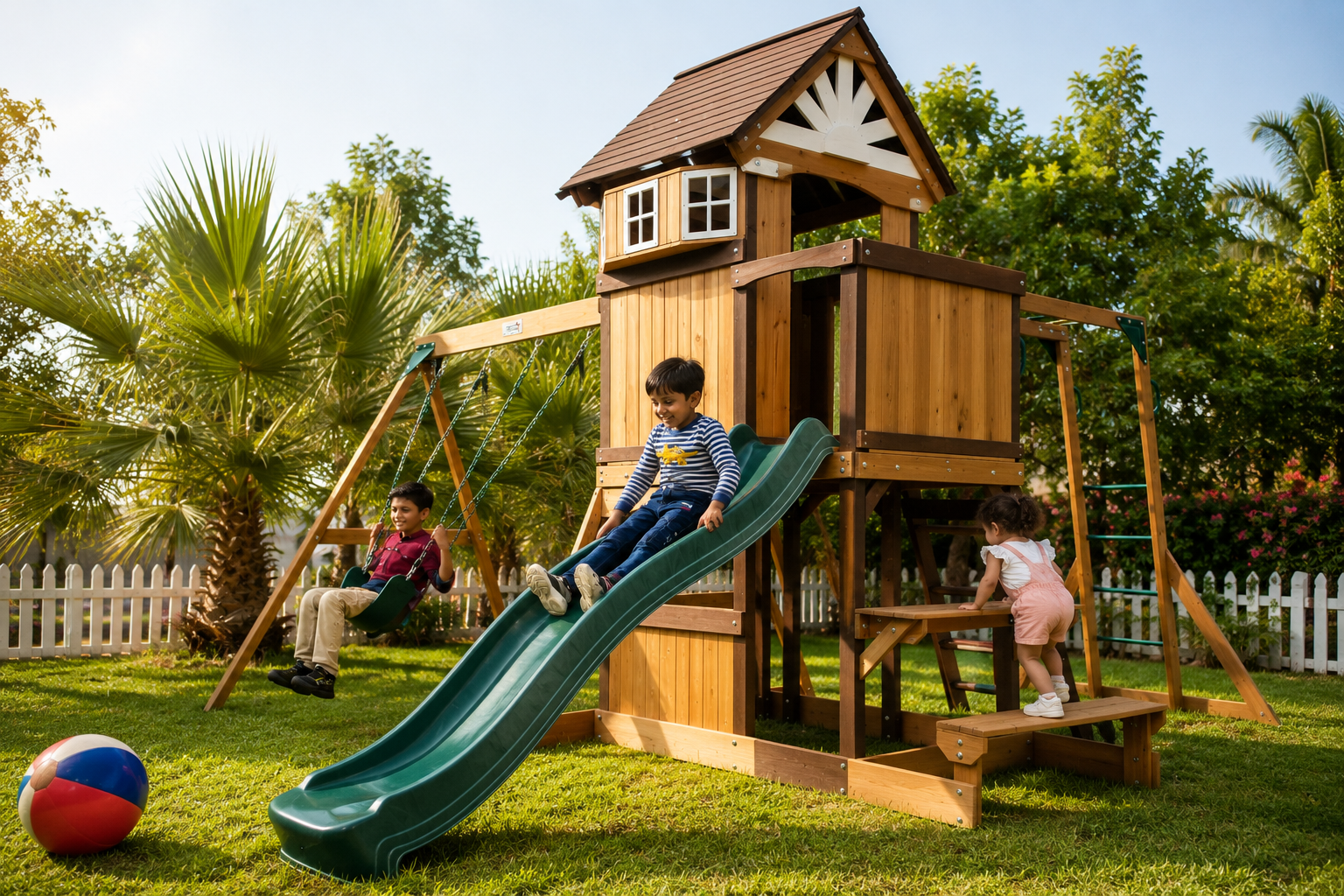 Arabian Tahr Wooden Swing Set with 10ft Slide, Monkey Bars & Rock Wall | DS-151