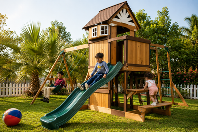 Arabian Tahr Wooden Swing Set with 10ft Slide, Monkey Bars & Rock Wall | DS-151