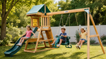 Arabian Baboon Wooden Swing Set with Slide, Rock Wall & Sandbox | DS-162