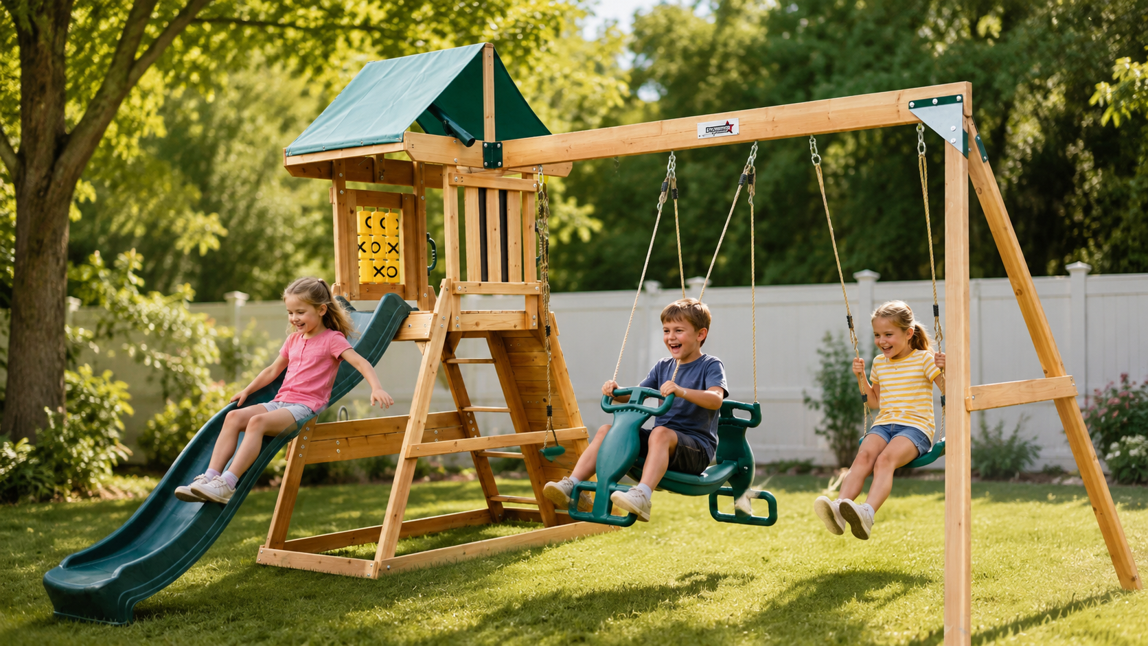Arabian Baboon Wooden Swing Set with Slide, Rock Wall & Sandbox | DS-162