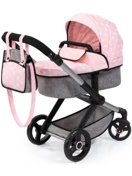 BAYER Baby Doll Pram Set XEO – Pink & Grey | Fits Dolls Up to 52cm