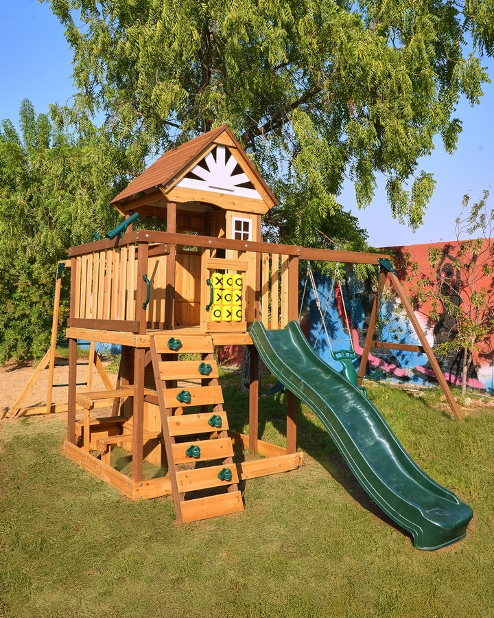 Arabian Ibex Wooden Swing Set with Slide, Monkey Bars & Swings | DS-156S