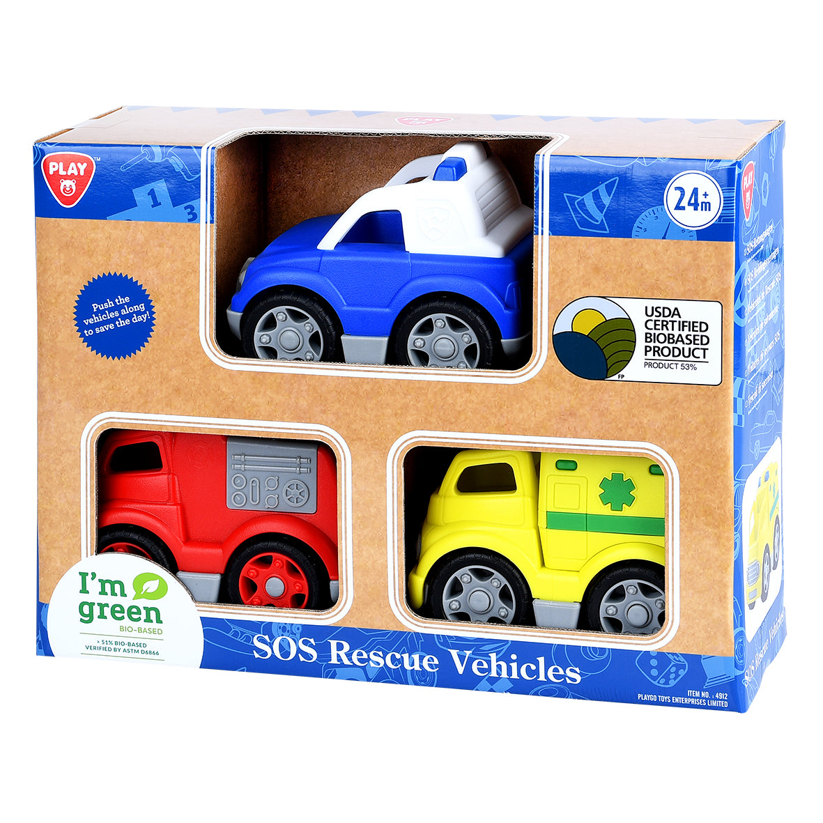 Play Go Bio-Based SOS Rescue Vehicles – Ambulance, Fire Engine & Police Car Set