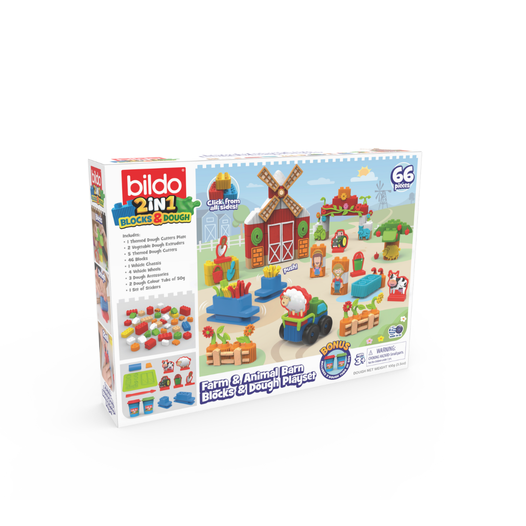 Bildo Block & Dough Farm & Animal Barn – Creative Building & Dough Playset