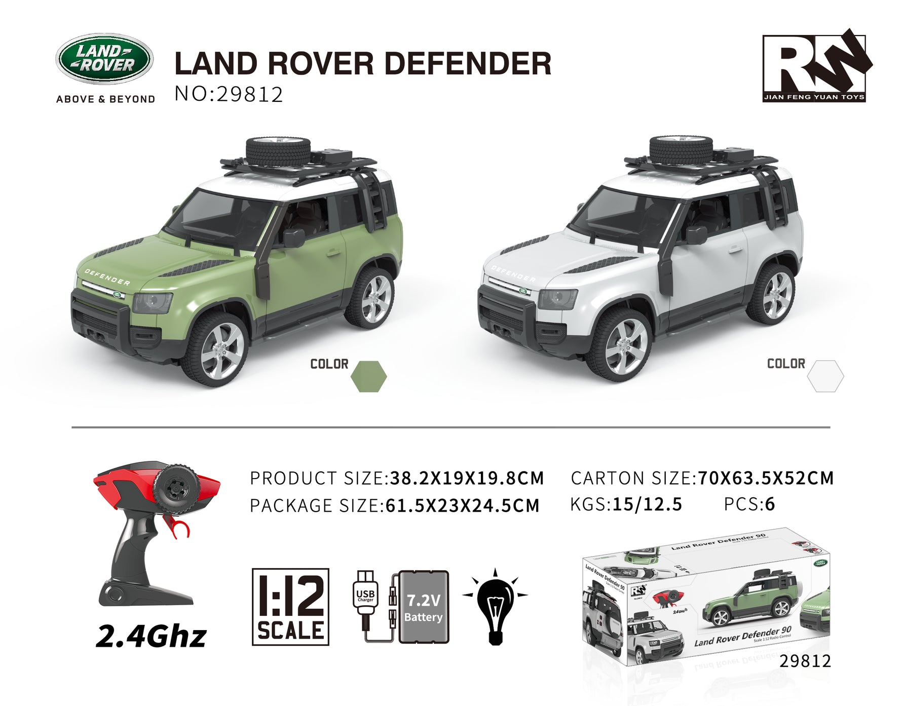 RW 1:12 DEFENDER ASSORTED ( GREEN AND SILVER)