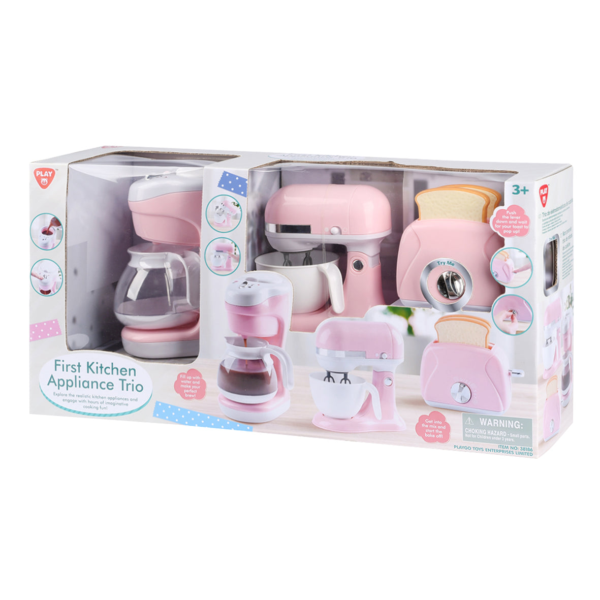 Play Go First Kitchen Appliance Trio – Battery Operated Pink Set (Coffee Maker, Mixer & Toaster)