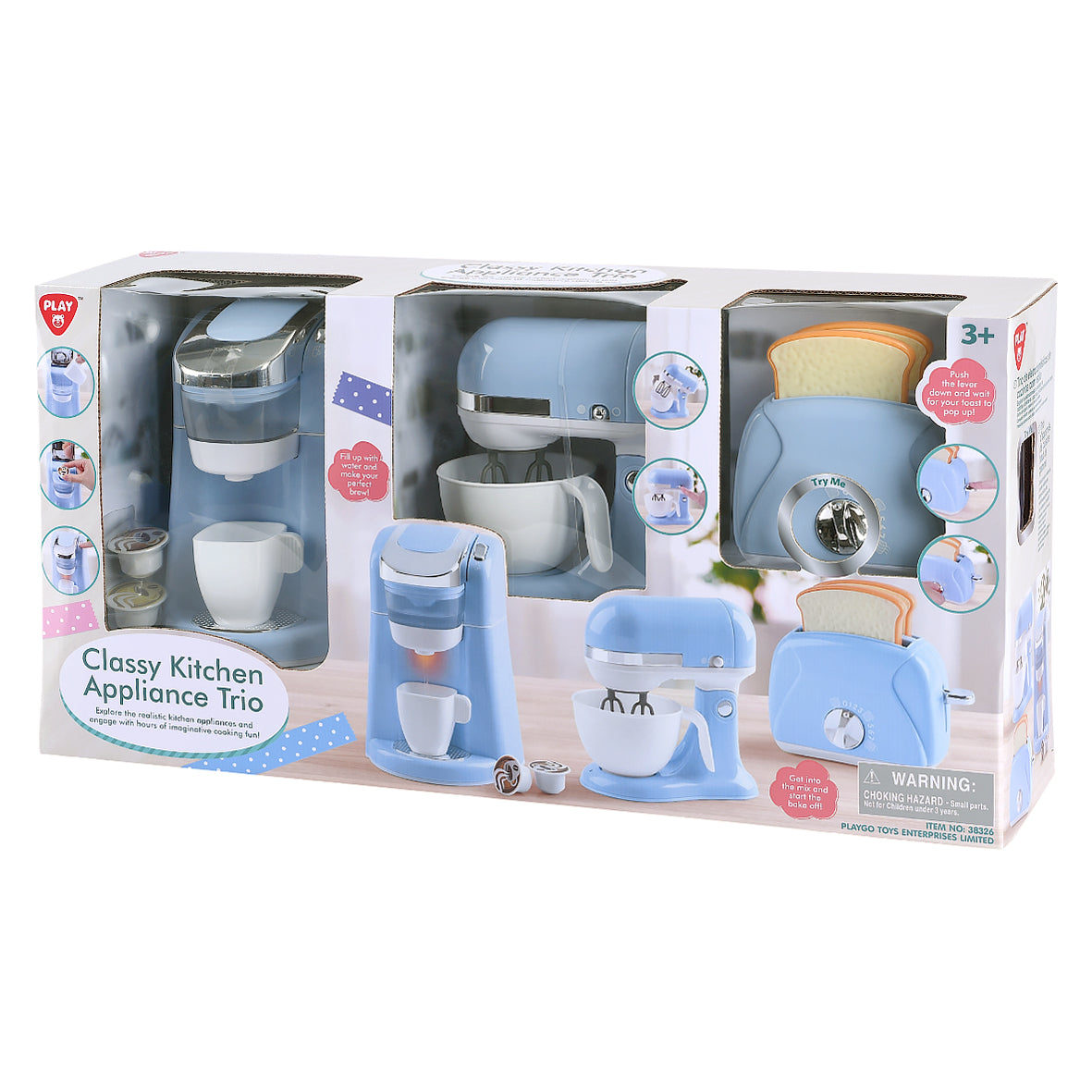 Play Go Classy Kitchen Appliance Trio – Blue (Pod Coffee Machine, Mixer & Toaster)