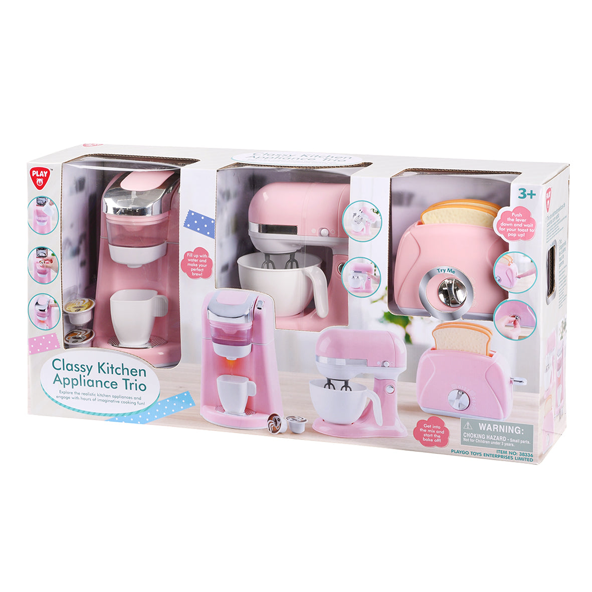 Play Go Classy Kitchen Appliance Trio – Pink (Pod Coffee Machine, Mixer & Toaster)