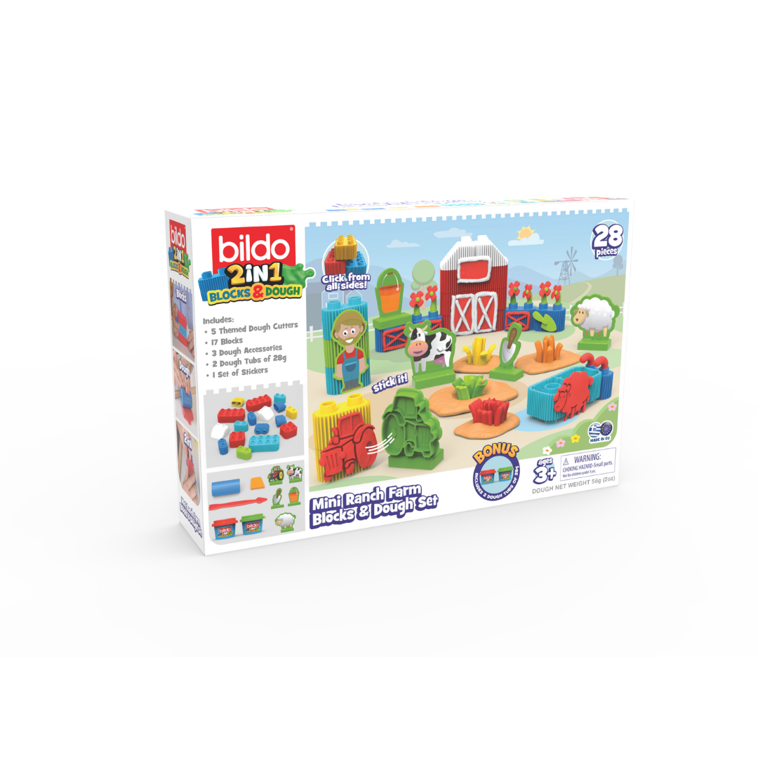 Bildo Block & Dough Mini Ranch Farm – Creative Building & Dough Playset for Kids