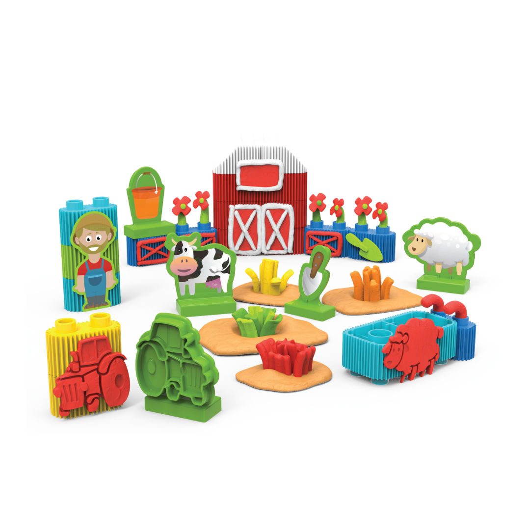 Bildo Block & Dough Mini Ranch Farm – Creative Building & Dough Playset for Kids