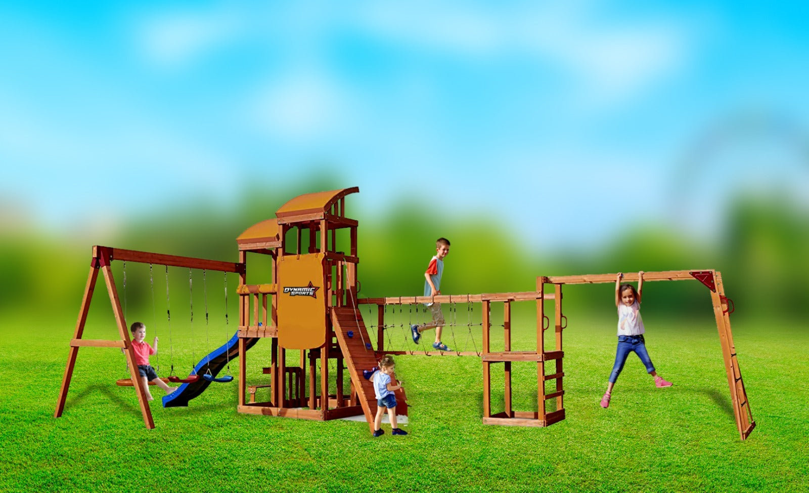 Arabian Oryx Extreme Wooden Swing Set | Nest Swing, Rope Bridge & Rock Wall | DS003