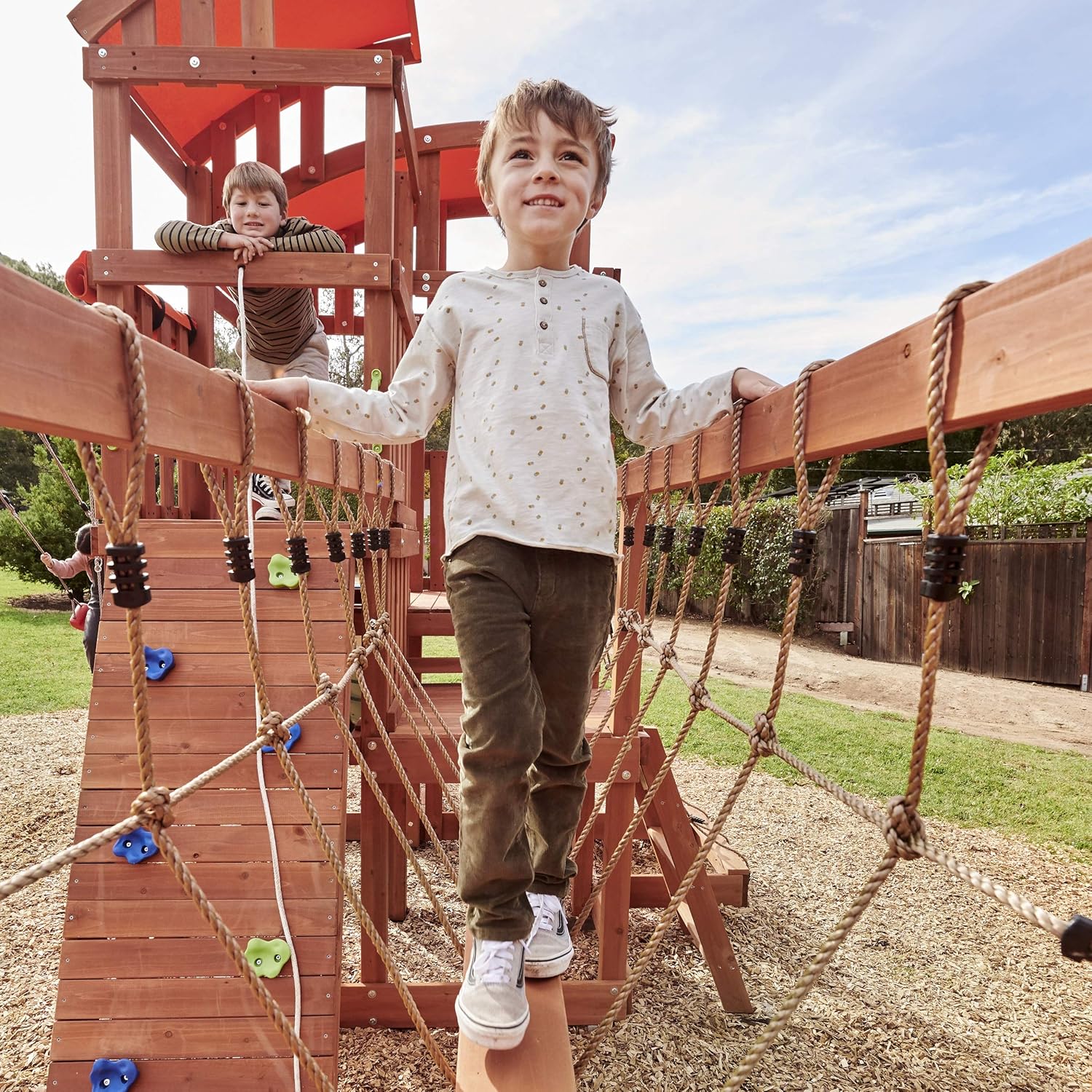 Arabian Oryx Extreme Wooden Swing Set | Nest Swing, Rope Bridge & Rock Wall | DS003