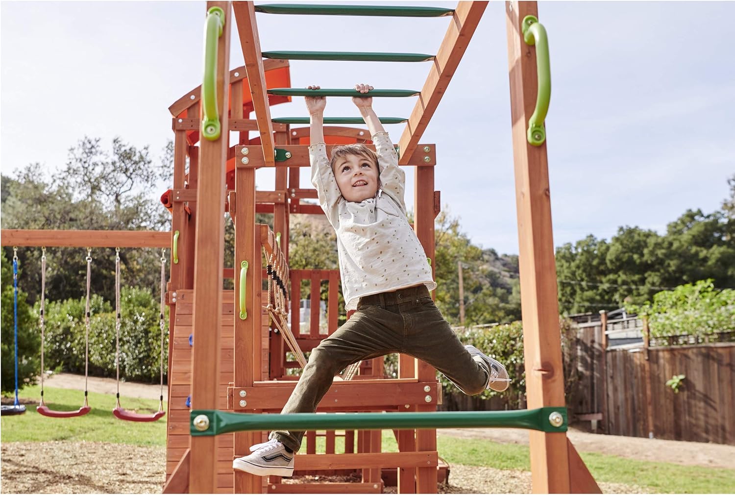 Arabian Oryx Extreme Wooden Swing Set | Nest Swing, Rope Bridge & Rock Wall | DS003