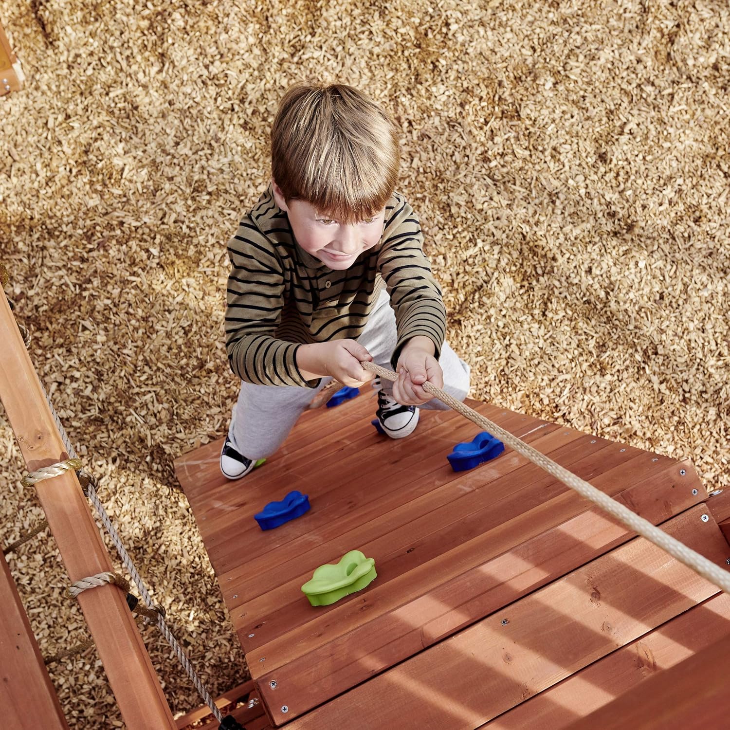 Arabian Oryx Extreme Wooden Swing Set | Nest Swing, Rope Bridge & Rock Wall | DS003