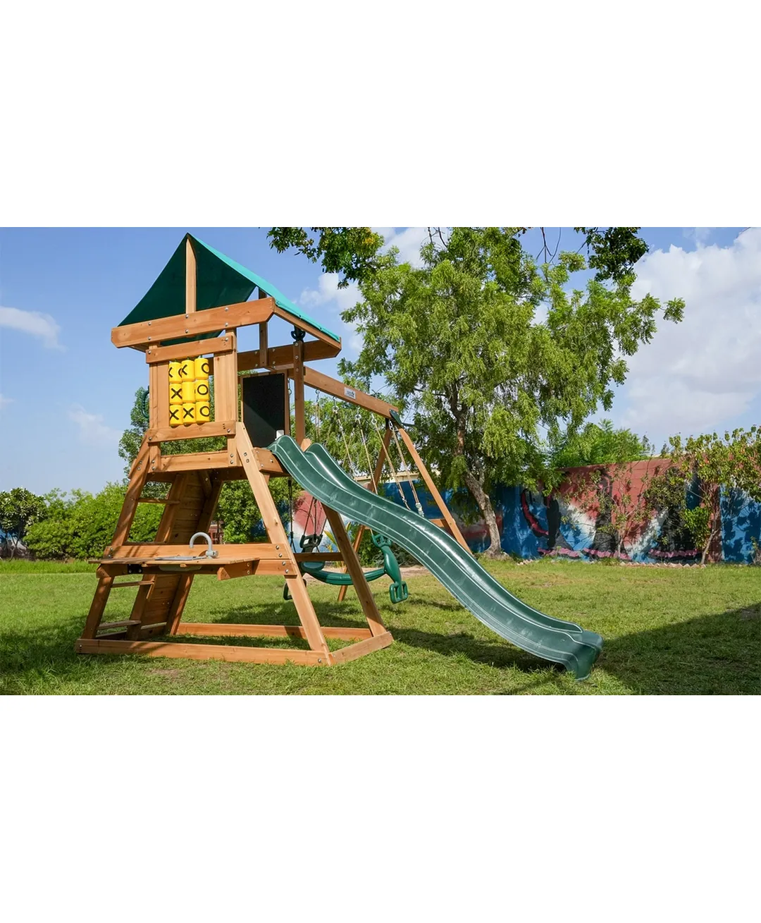 Arabian Baboon Wooden Swing Set with Slide, Rock Wall & Sandbox | DS-162