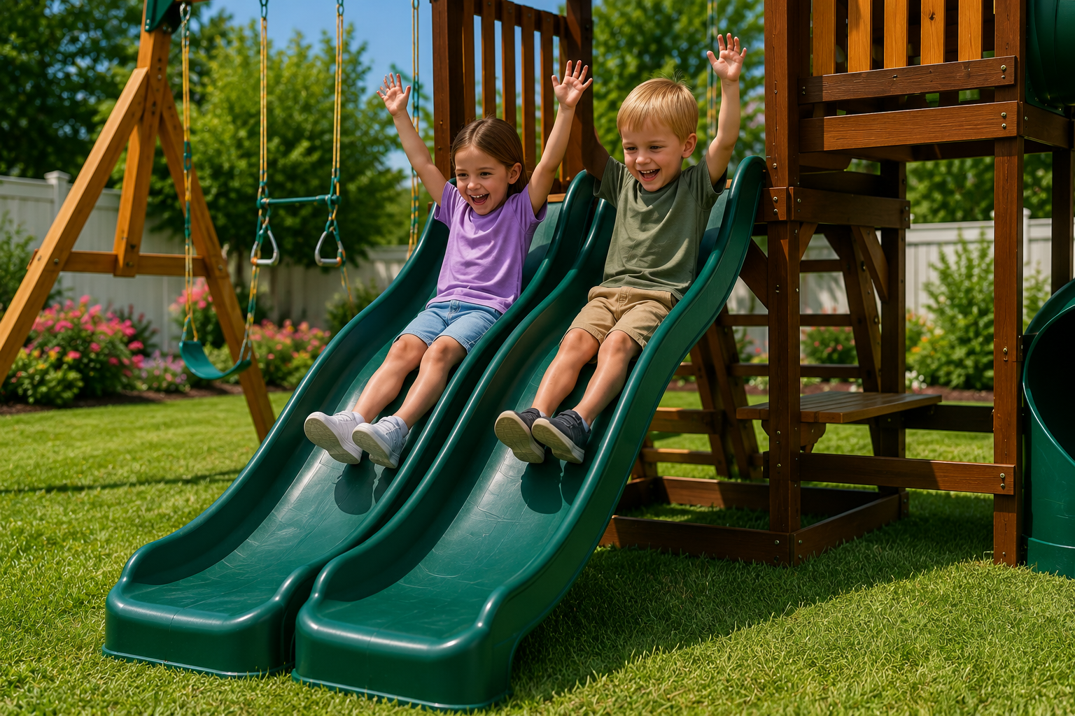 Arabian Wolf Wooden Swing Set with Dual Slides & Trapeze | DS-172T