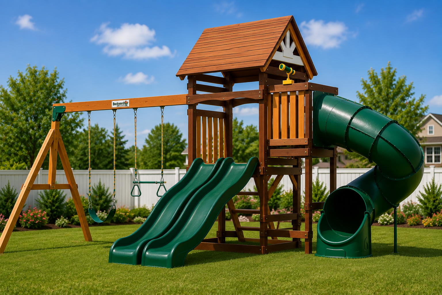 Arabian Wolf Wooden Swing Set with Dual Slides & Trapeze | DS-172T