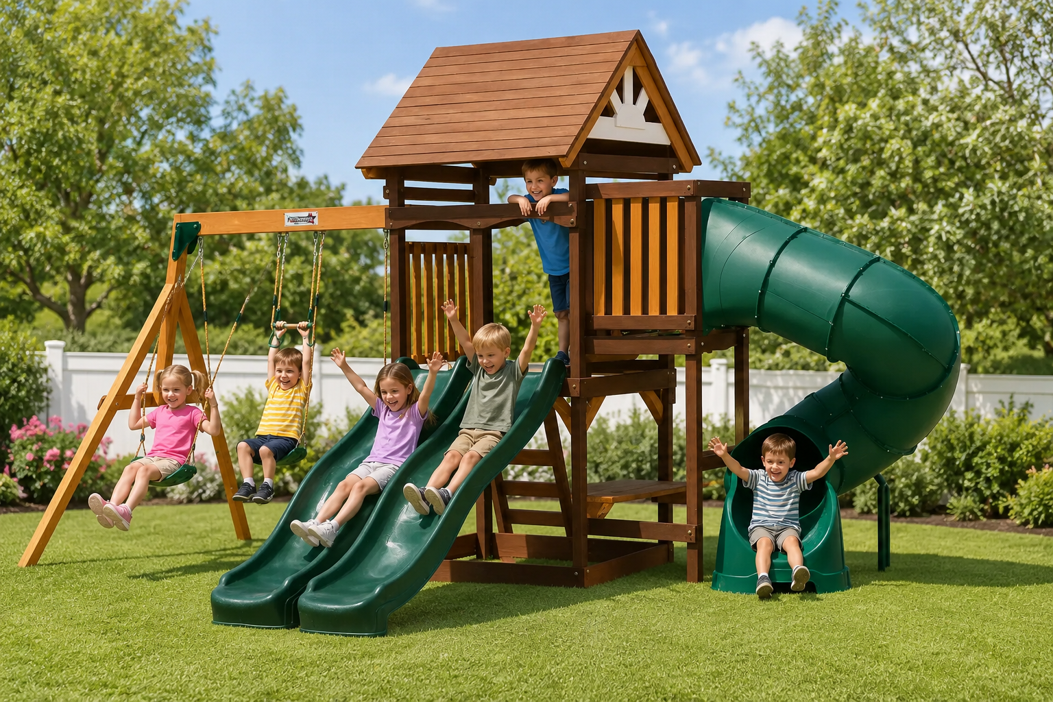 Arabian Wolf Wooden Swing Set with Dual Slides & Trapeze | DS-172T