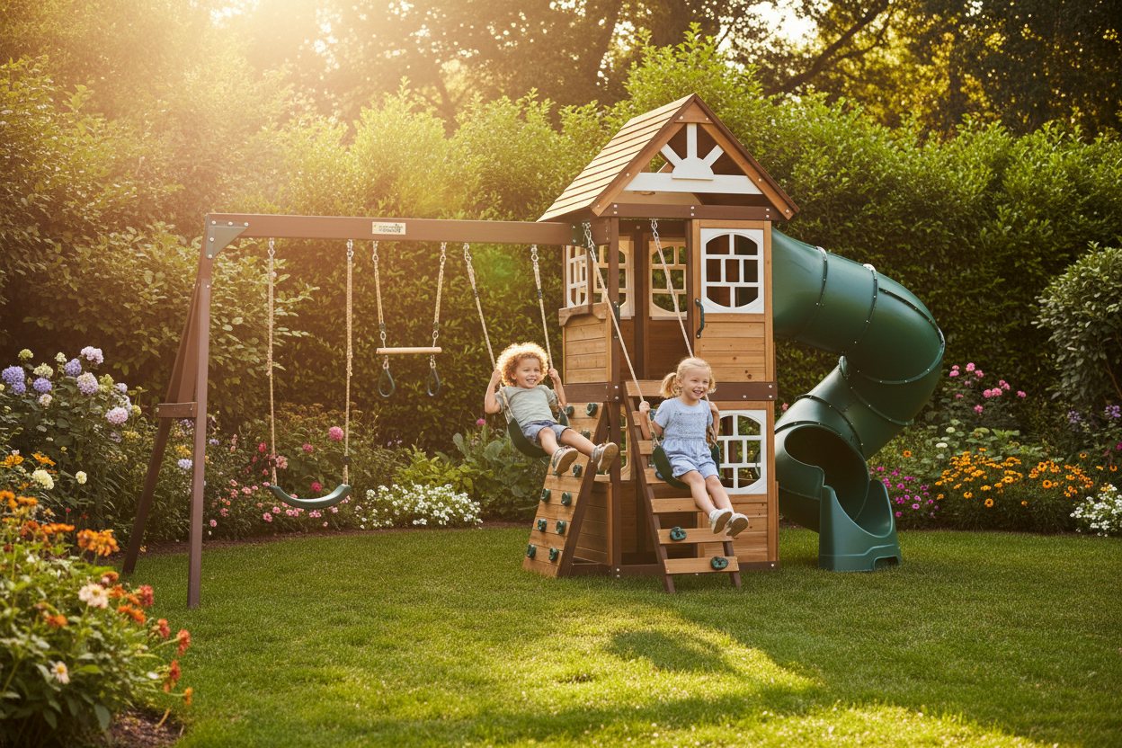 Arabian Viper Wooden Swing Set with Slide & Trapeze | DS-173T