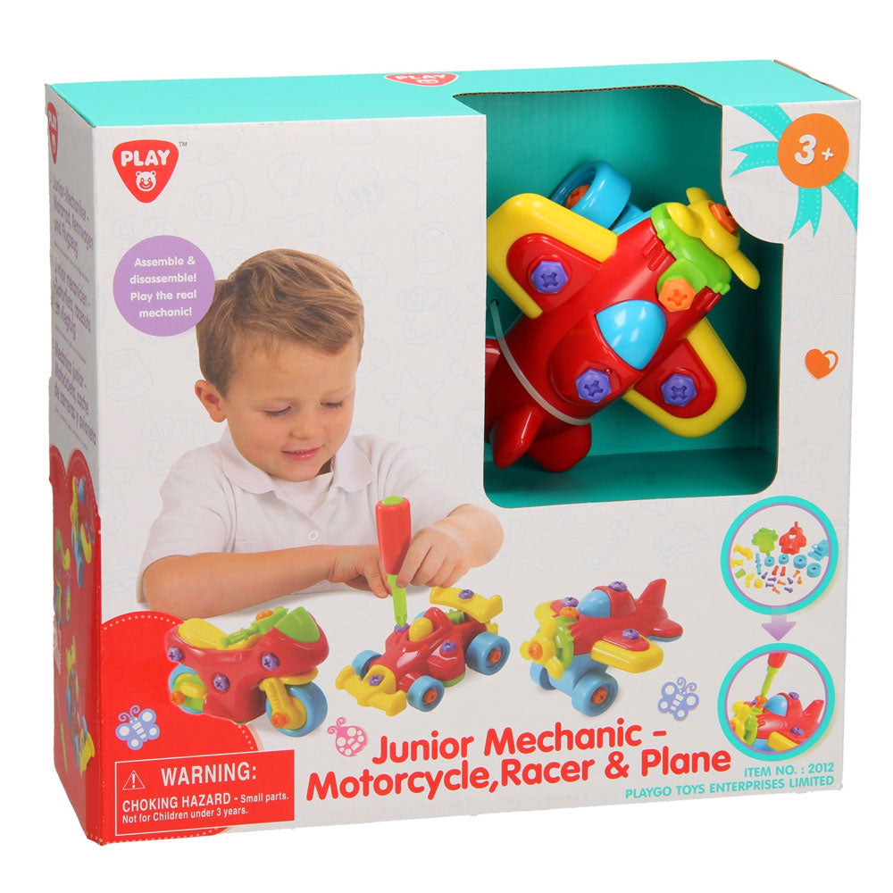 Play Go Junior Mechanic – 3-in-1 Build Your Own Motorcycle, Racer & Plane Toy Set