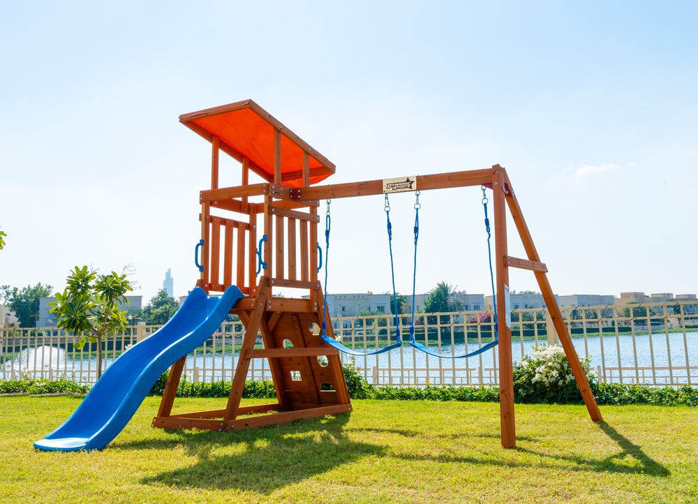 Arabian Cat Wooden Swing Set with Slide, Climbing Wall & Sandbox | PL-129