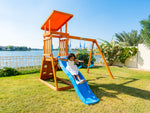 Arabian Cat Wooden Swing Set with Slide, Climbing Wall & Sandbox | PL-129