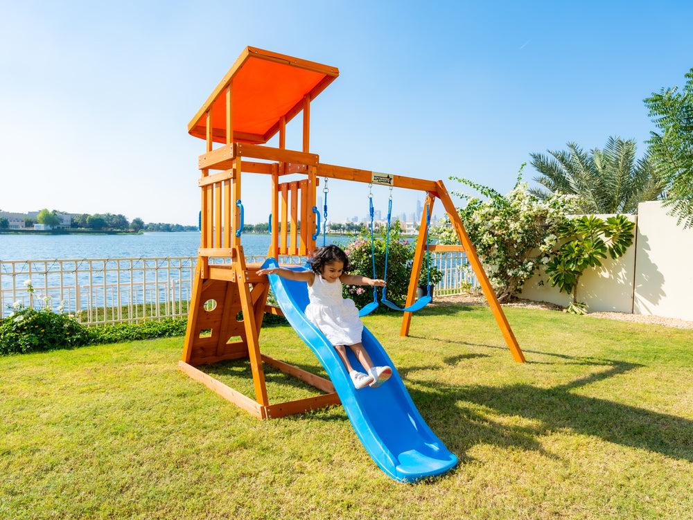 Arabian Cat Wooden Swing Set with Slide, Climbing Wall & Sandbox | PL-129