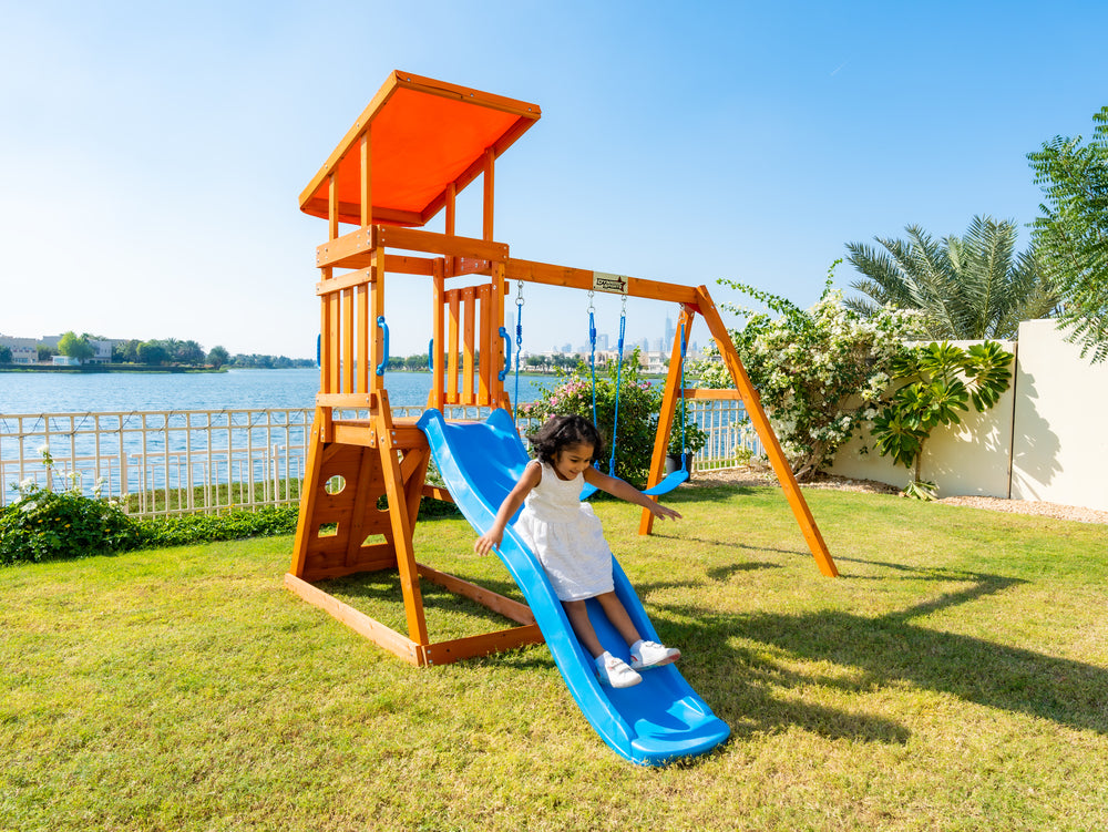 Arabian Cat Wooden Swing Set with Slide, Climbing Wall & Sandbox | PL-129