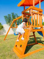 Arabian Cat Wooden Swing Set with Slide, Climbing Wall & Sandbox | PL-129