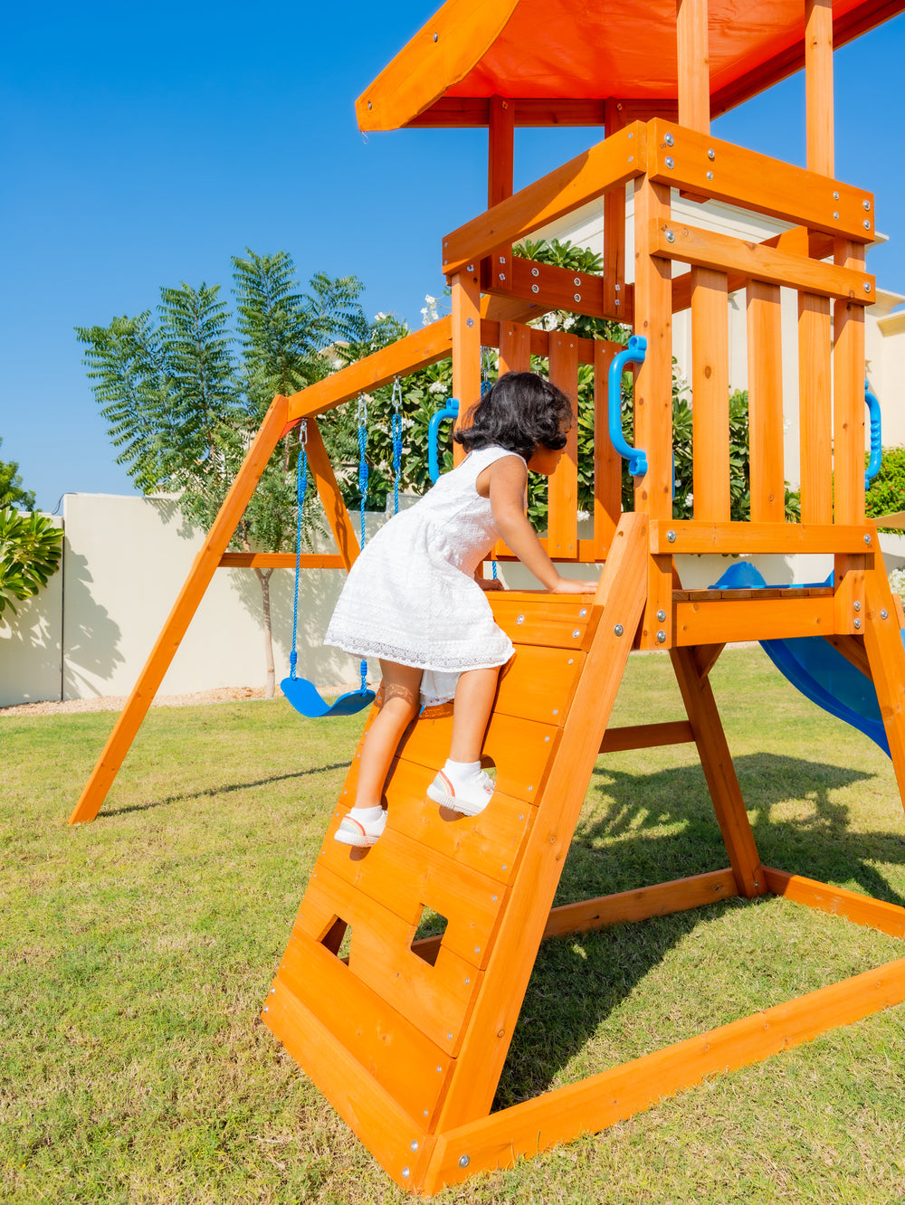 Arabian Cat Wooden Swing Set with Slide, Climbing Wall & Sandbox | PL-129