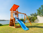 Arabian Cat Wooden Swing Set with Slide, Climbing Wall & Sandbox | PL-129