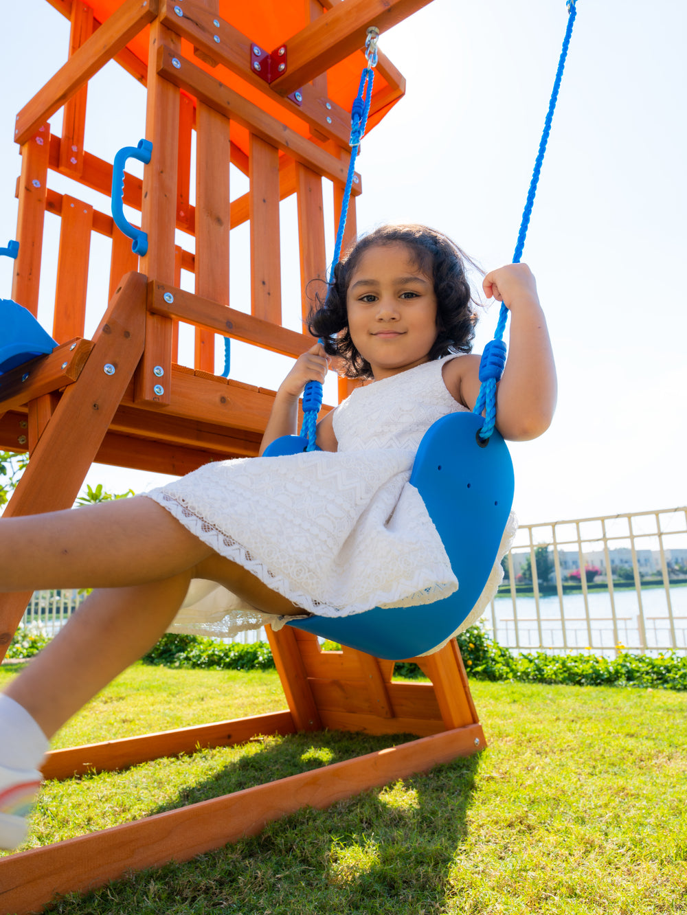 Arabian Cat Wooden Swing Set with Slide, Climbing Wall & Sandbox | PL-129