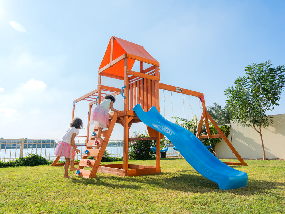 Olympia Wooden Swing Set with Slide, Monkey Bars & Sky Flyer | WP-745