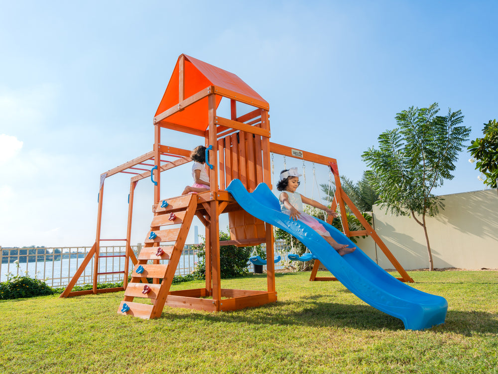 Olympia Wooden Swing Set with Slide, Monkey Bars & Sky Flyer | WP-745