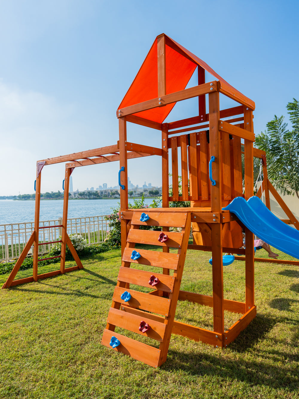 Olympia Wooden Swing Set with Slide, Monkey Bars & Sky Flyer | WP-745