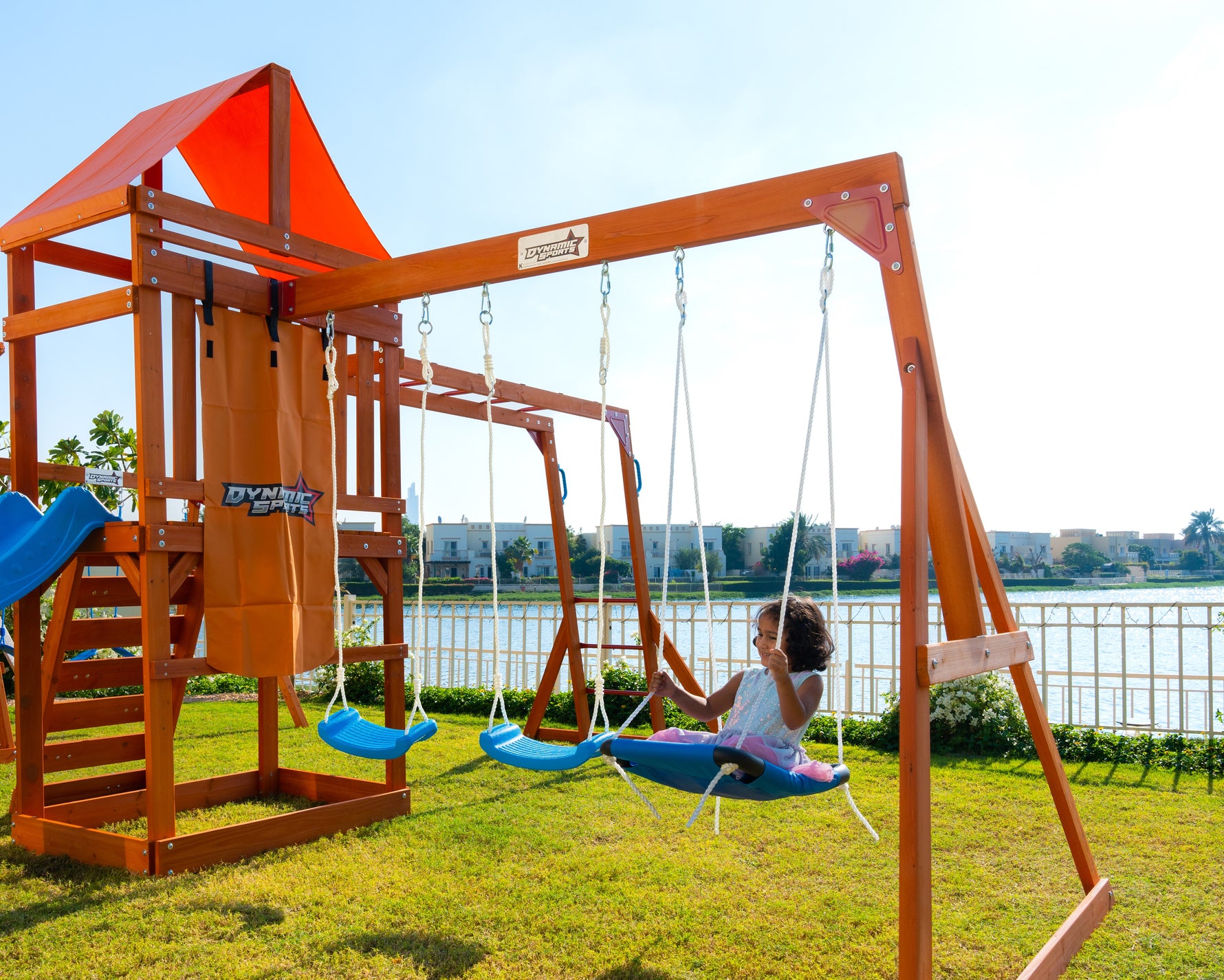 Olympia Wooden Swing Set with Slide, Monkey Bars & Sky Flyer | WP-745