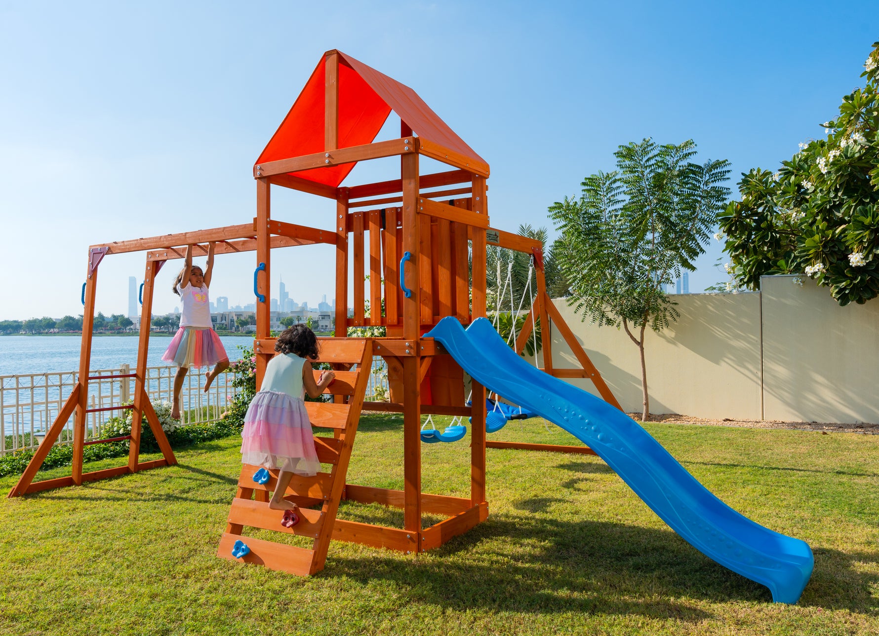 Olympia Wooden Swing Set with Slide, Monkey Bars & Sky Flyer | WP-745