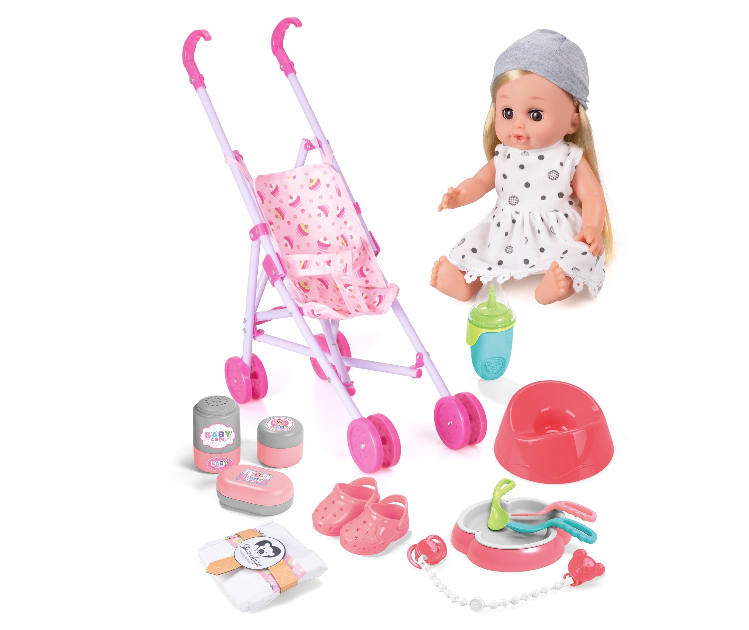 14" Baby Doll with Stroller & 13 Accessories – 12 Lifelike Sounds Playset (B)
