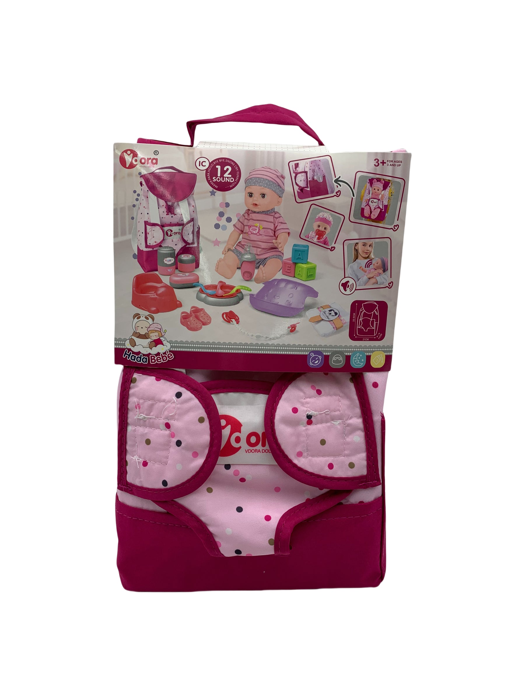 14" Baby Doll with Backpack & 17 Accessories – Lifelike Sounds Playset