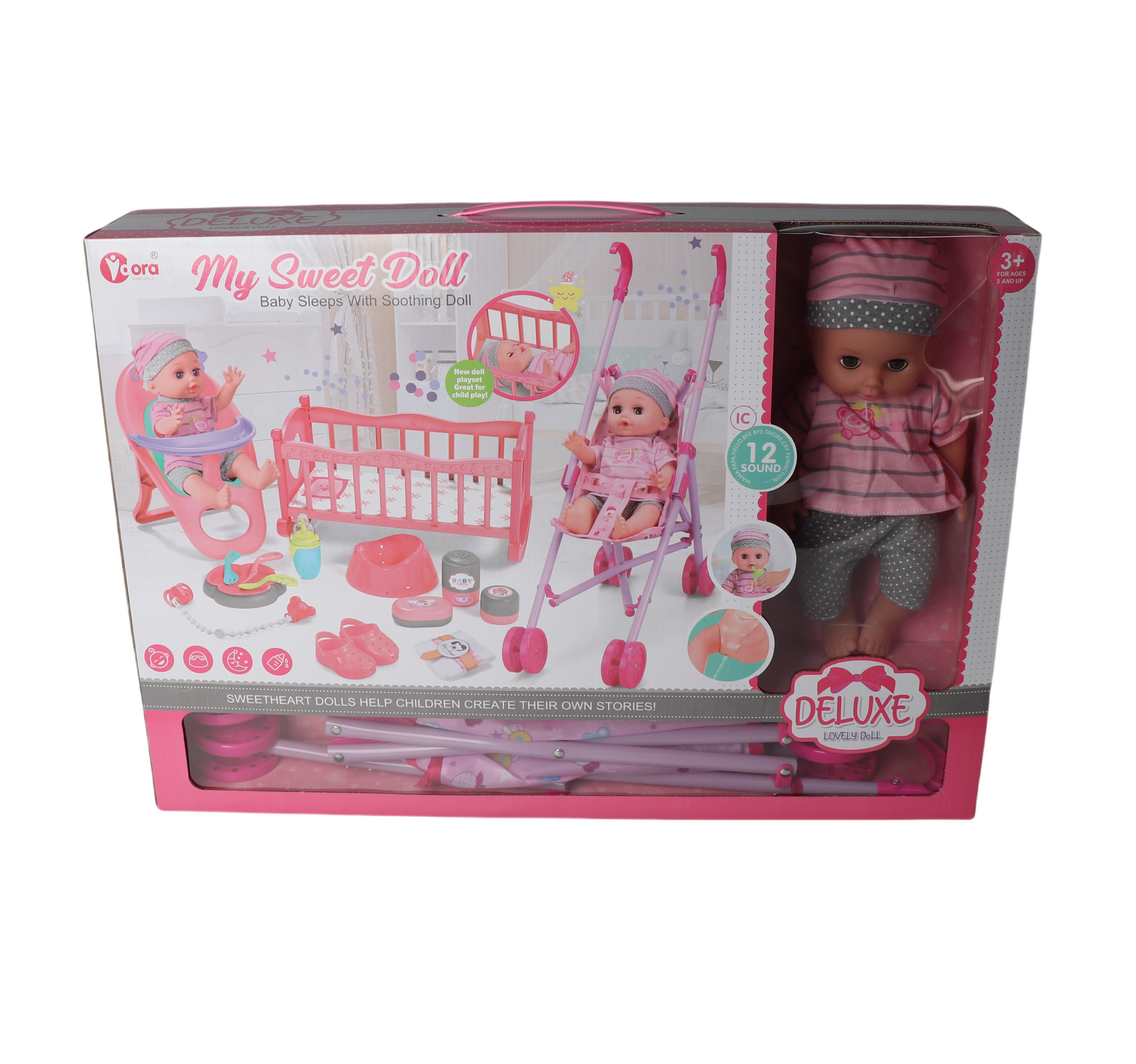VDORA 3-in-1 Baby Doll Playset with 13 Accessories – Feeding, Stroller & Cradle (14")