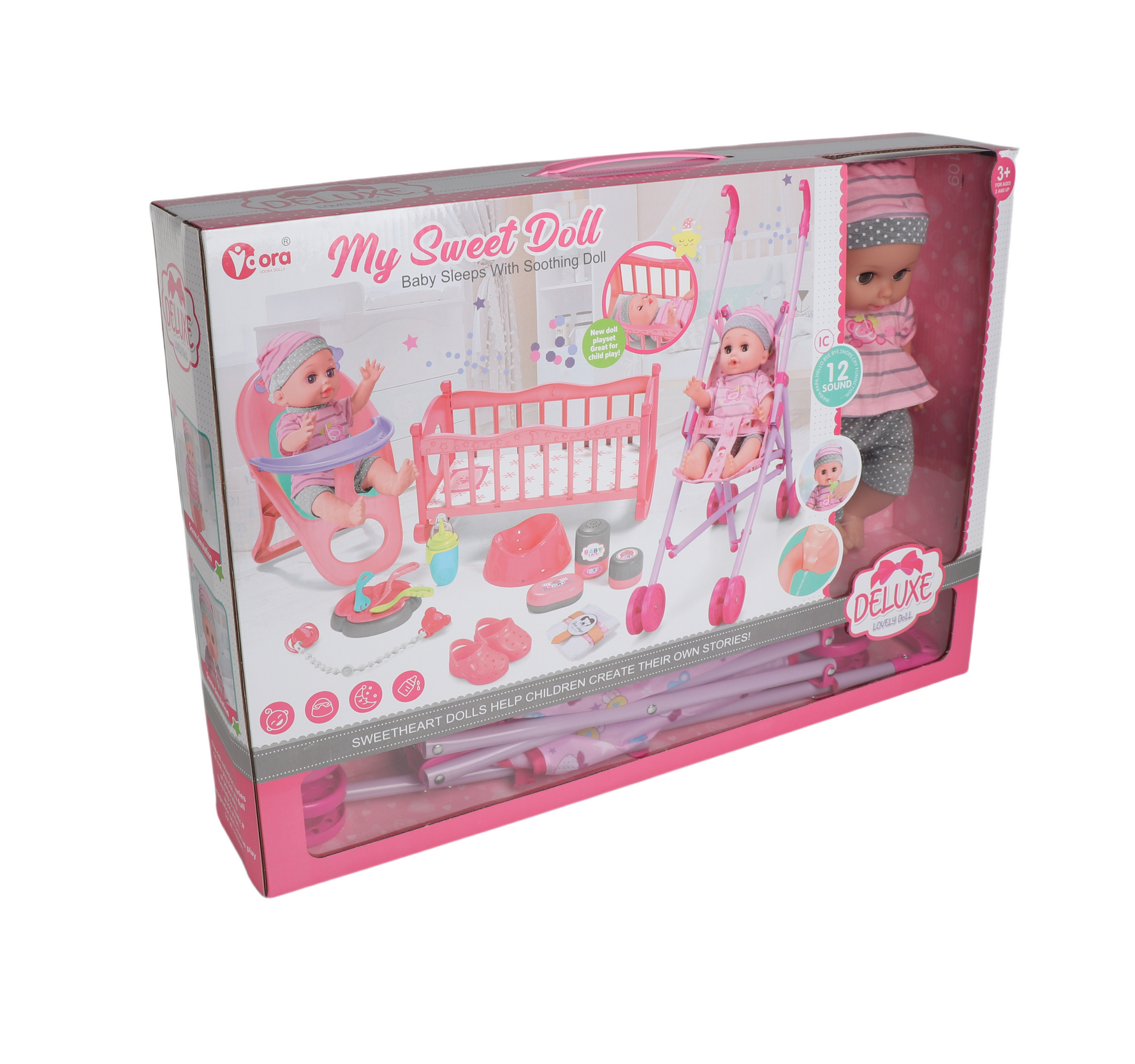 VDORA 3-in-1 Baby Doll Playset with 13 Accessories – Feeding, Stroller & Cradle (14")