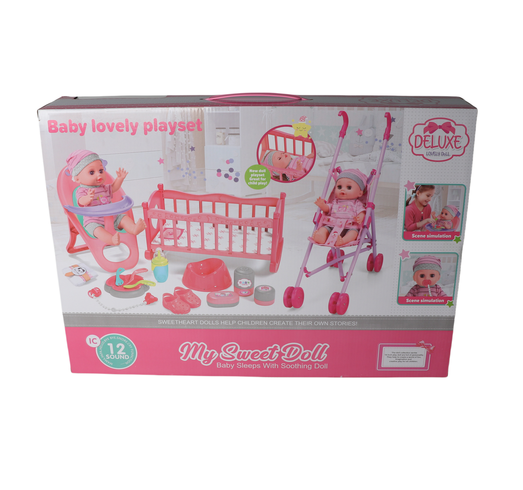 VDORA 3-in-1 Baby Doll Playset with 13 Accessories – Feeding, Stroller & Cradle (14")