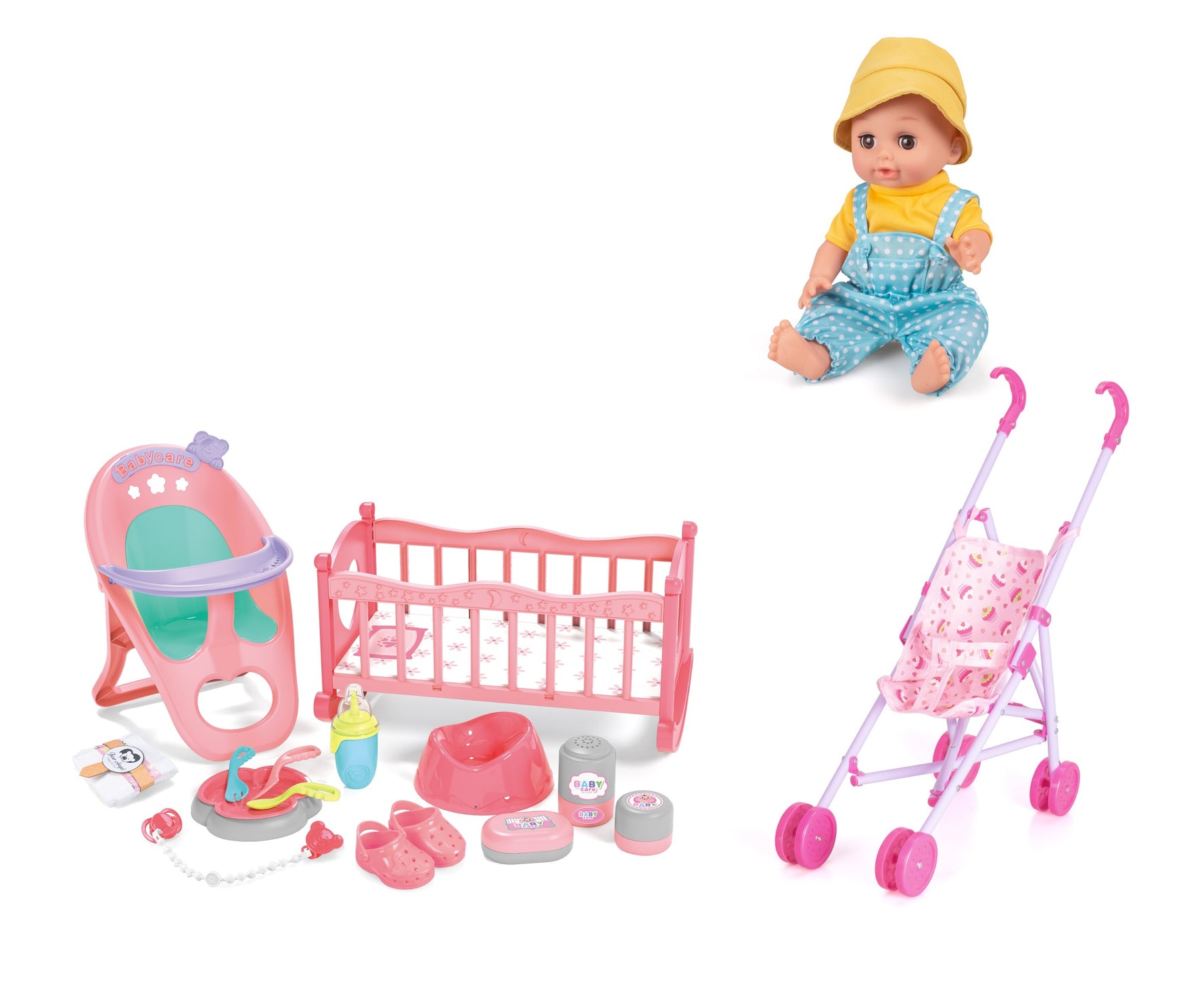3-in-1 Baby Doll Playset with 13 Accessories – Feeding, Stroller & Cradle (14")