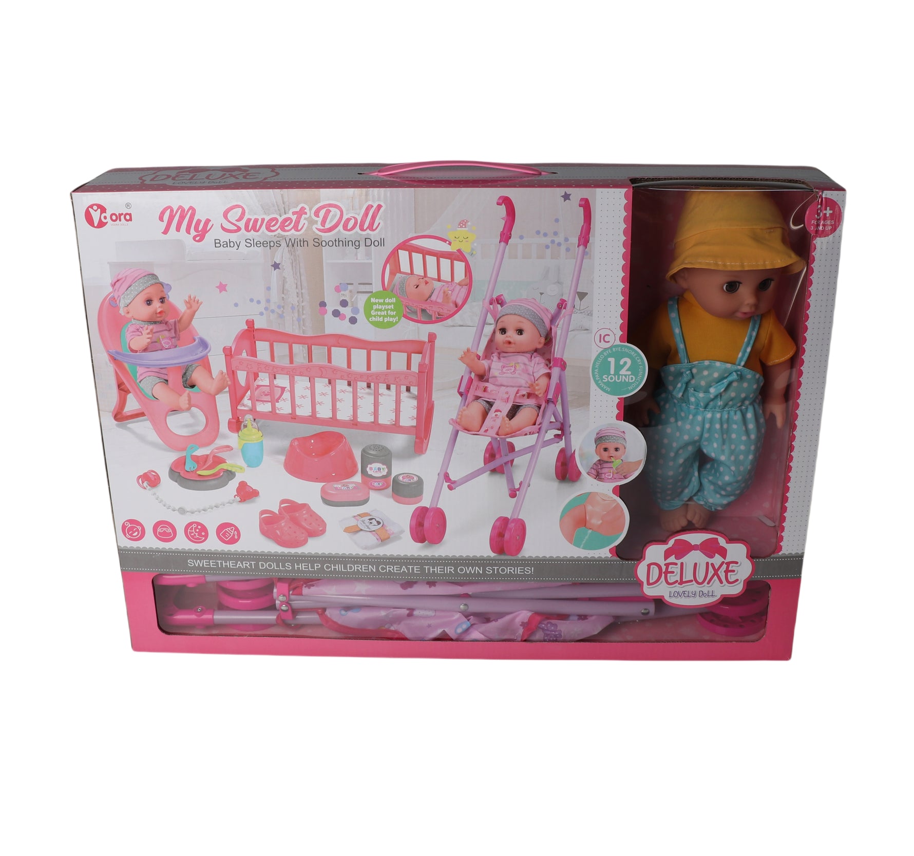 3-in-1 Baby Doll Playset with 13 Accessories – Feeding, Stroller & Cradle (14")