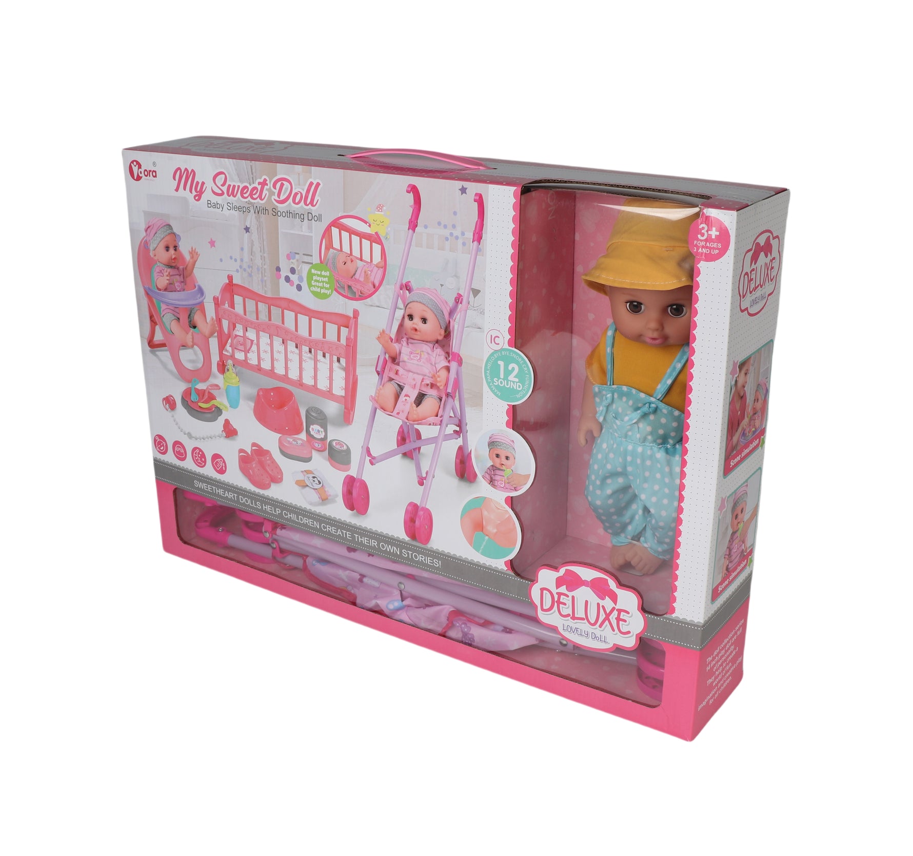 3-in-1 Baby Doll Playset with 13 Accessories – Feeding, Stroller & Cradle (14")
